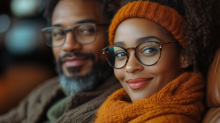 Smiling couple warmly dressed in bright, autumnal clothing, sitting closely together in a lounge setting with natural light, showcasing happiness and togetherness.