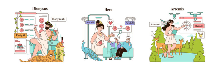 Olympic Gods Synergy AI. Flat Vector Illustration