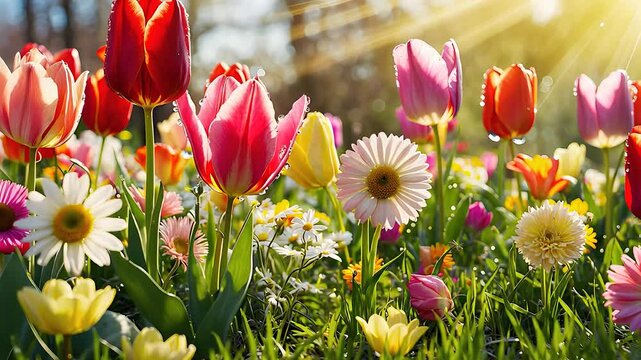 Colorful Spring Flower Meadow with Blooming Tulips, Daisies, and Sunlight in a Vibrant Garden Scene

