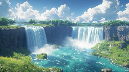 Majestic waterfall cascading over cliffs into a turquoise river under a bright sky.