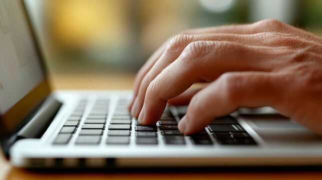 Zoomed-in close-up of a hand working on a laptop keyboard. The intricate details of the interaction convey a sense of technology-driven productivity.