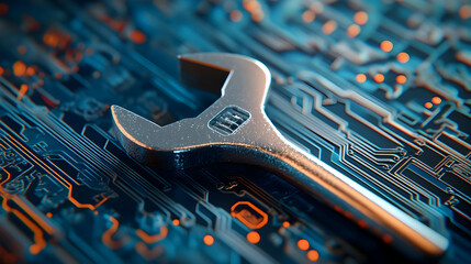 Fototapeta premium Metallic wrench on circuit board.