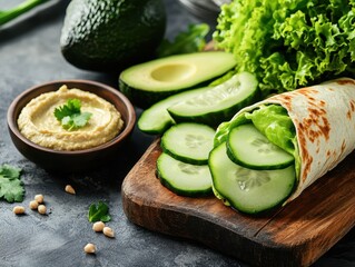 A fresh wrap filled with cucumber and lettuce, served with hummus and avocado on a wooden board.