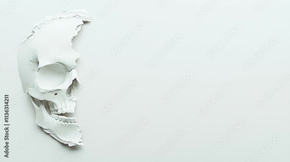 Poster a minimalist white skull fragment on a plain background, emphasizing form and texture.