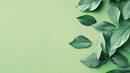 Green leaves arranged on green background creating a natural frame with copy space