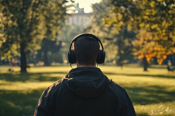 Enjoying a relaxing walk in the park while listening to music with headphones