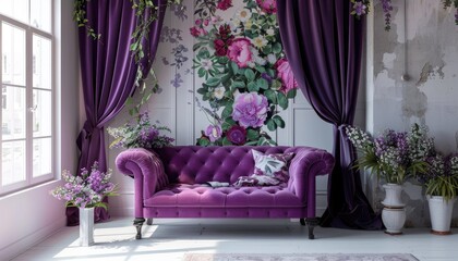 Purple Velvet Sofa Decorated With Floral Wallpaper And Flowers