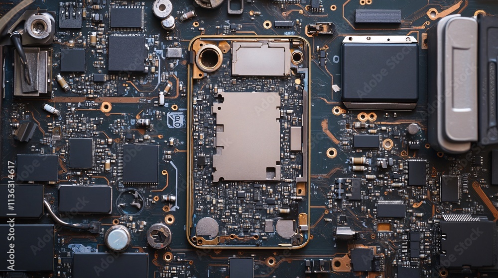 Poster Close-up of electronic circuit board showing complex components and connections