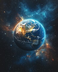 Obraz premium A stunning image of Earth in space, with swirling stars and a vibrant galaxy, capturing the beauty of our planet and the infinite wonders of the universe
