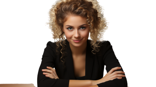 Confident female office worker in business attire, working efficiently in a corporate setting, isolated on transparent background.