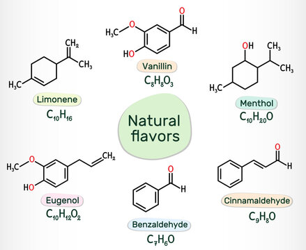Natural flavors molecules. Chemical structures of limonene, menthol, eugenol, benzaldehyde, vanillin, and cinnamaldehyde. Vector i