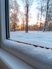 Snow-covered window frame with winter sunset view