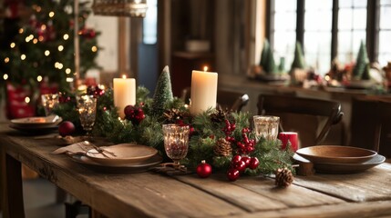 Rustic Christmas d&eacute;cor on a wooden farmhouse table