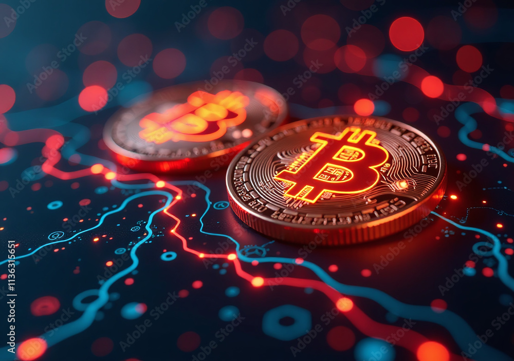 Poster glowing signs bitcoin mining virtual payment finance digital background abstract bitcoin