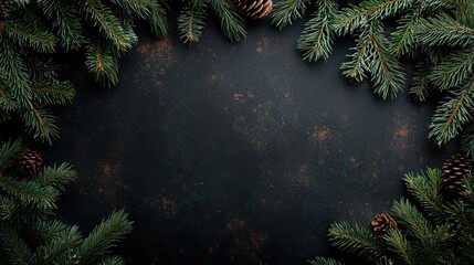 Dark Festive Christmas Background with Pine Branches and Cones