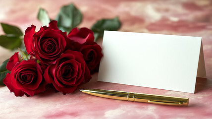 A blank card with a bouquet of red roses, a gold pen, set against a soft pink background