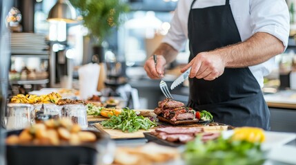 Obraz premium A chef plating a gourmet meal with various dishes and ingredients on display.