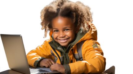 Female solar engineer working with a laptop on-site, analyzing data for sustainable energy solutions, isolated on transparent background.
