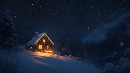 Starry winter sky with a cozy cabin illuminated below