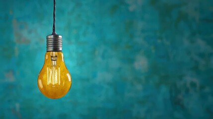 Yellow light bulb hanging against a textured turquoise background