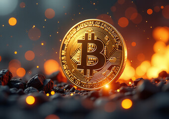 golden bitcoin coin fiery scene surrounded cryptocurrency symbols networks various weather