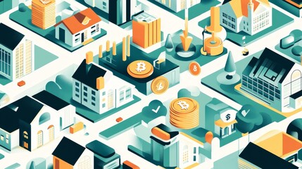 Bright financial district illustration, digital cityscape with bitcoin icons, modern buildings, urban economy concept art