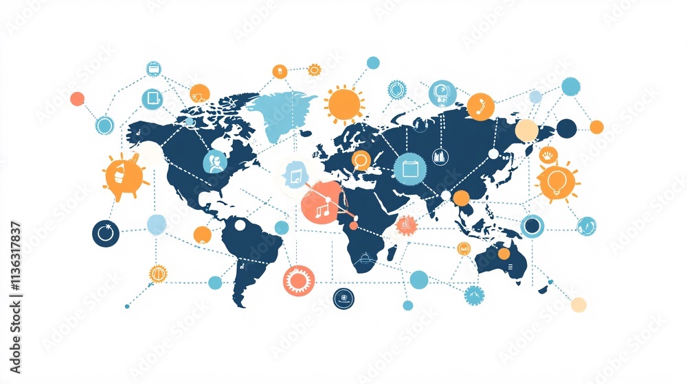 Poster world map showing connections between countries and continents