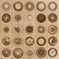This artwork features a grid of circular designs, each displaying distinct patterns inspired by nature. The warm colors enhance the detailed textures and shapes present in each piece