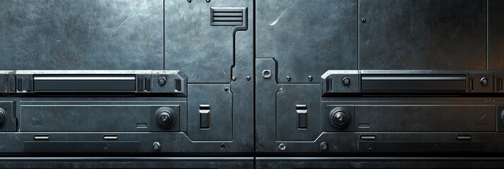 Close-up view of a metallic door featuring complex patterns and mechanisms. The shiny surface reflects light, creating a sleek, industrial atmosphere. Ideal for themes of technology and sci-fi