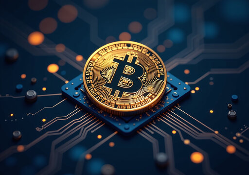 golden bitcoin dark blue banner microchip space text modern stock vector