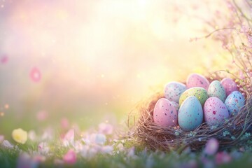 Easter eggs nest resting on grass in a field of flowers during a sunny spring day