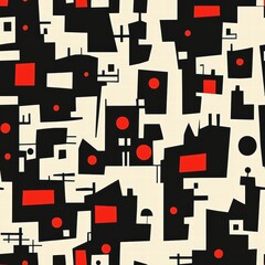 Geometric shapes in black and red create a striking abstract pattern on a cream background. The design showcases a blend of modern art influences and vivid colors