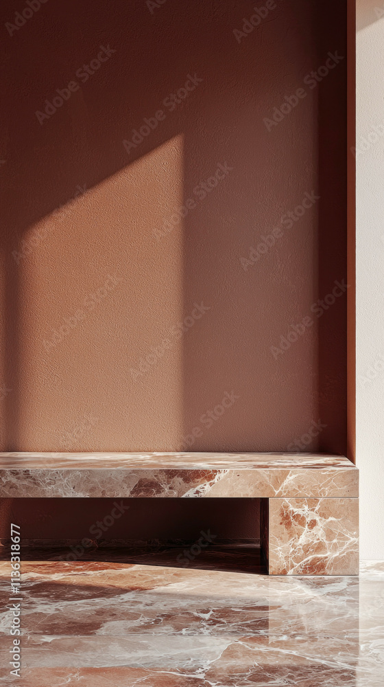 Poster a bench is sitting in front of a wall with a tan color. the color of the year mocha mousse