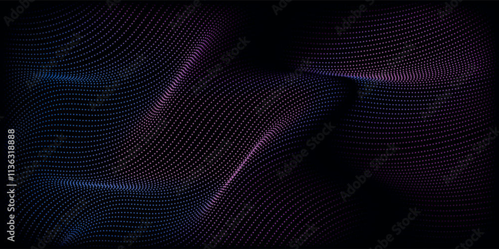 Poster abstract futuristic blue and pink wave with moving dots. flow of particles with glitch effect. ideal