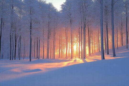 Snowy forest at sunset with trees covered in snow and a warm glow from the horizon