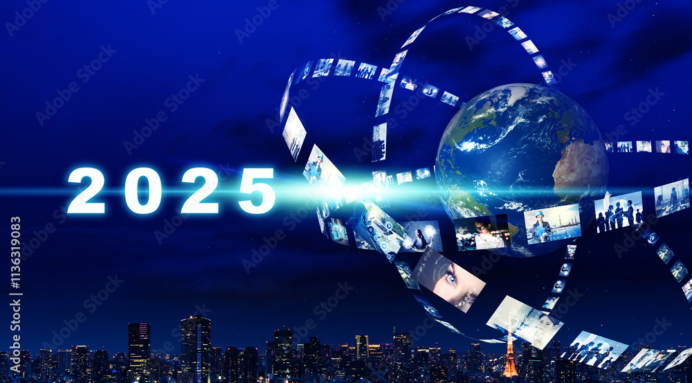 Poster digital contents and global communication network concept. 2025 new year concept. new year's card 20
