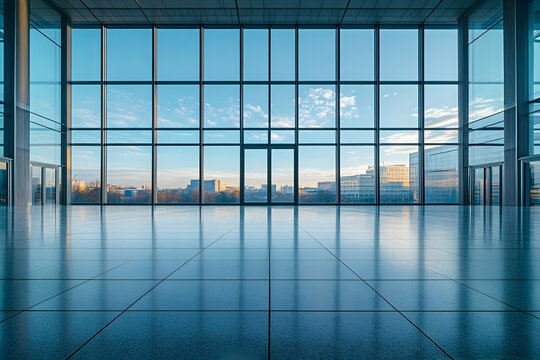 Fototapeta Modern building interior with large windows and city view.