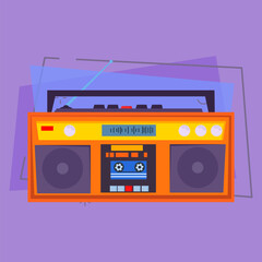 Cassette tape recorder. Vintage device with radio receiver, antenna, handle and stereo speakers. Vector illustration can be used for topics like broadcasting, music listening, old equipment