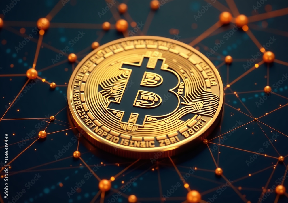 Aufkleber golden metallic bitcoin coin appears abstract network creative generative ai effects