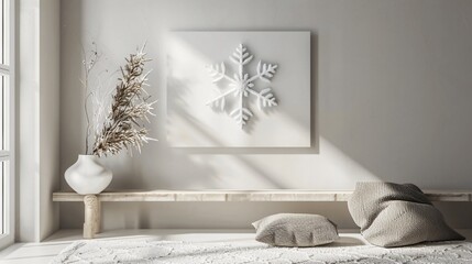 Minimalist Living Room with Snowflake Art and Cozy Textiles