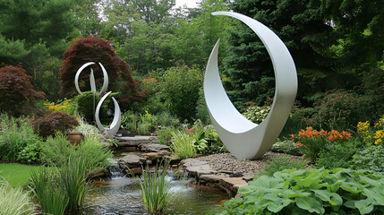 A serene garden featuring modern sculptures and a tranquil stream surrounded by vibrant plants.