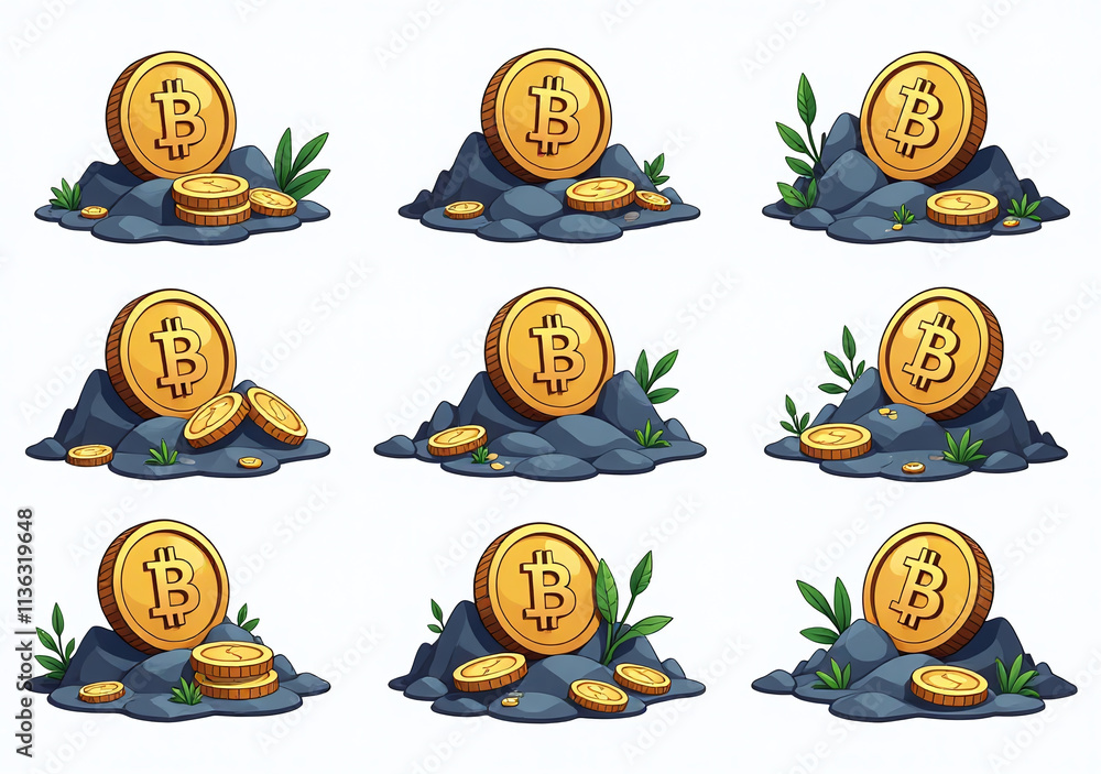 Poster graphic designers create bitcoin mining set icons part vector illustration design