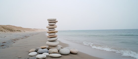 A tower of smooth pebbles stands tall on a deserted beach, embodying balance and peace under a muted sky along the gentle shoreline.