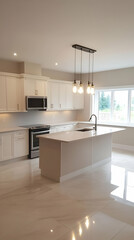 Modern kitchen with sleek design, featuring an island and ample natural light.