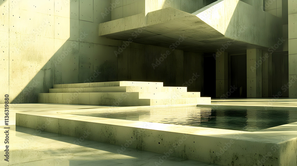 Poster modern concrete architecture with pool and steps.