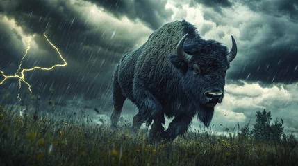 Selbstklebende Fototapeten A mighty buffalo charges through the storm under dark skies and flashing lightning in an epic natural scene. © Tamara