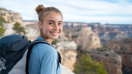 Naklejka premium Australian girl in blue athleisure doing outdoor activity at grand canyon