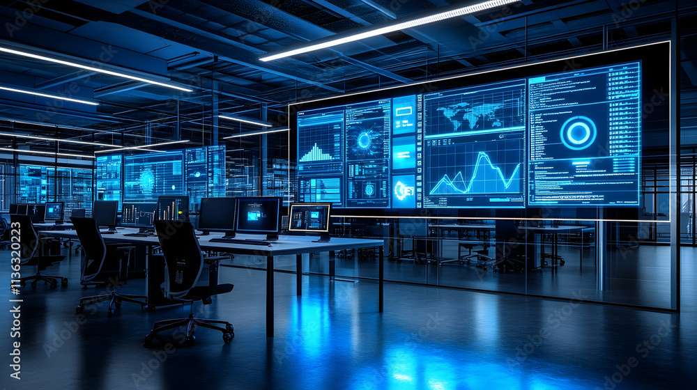 Poster Modern data center with large screens displaying graphs and data.