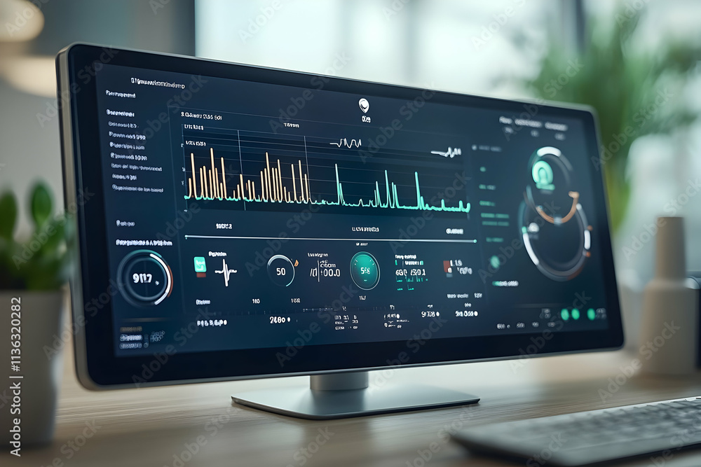 Poster modern desktop showing data analytics on a large monitor.