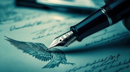 Close-up of a fountain pen signing a contract with a faint watermark of the American Eagle in the document background